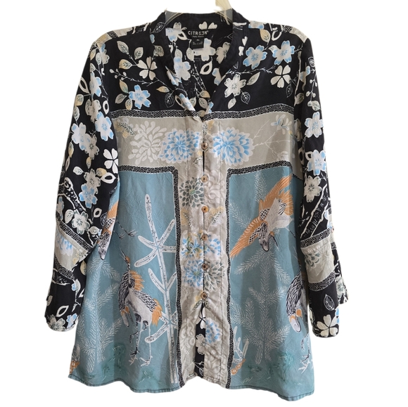 Citron Santa Monica Tops - Citron Santa Monica Crane Floral Silk Button Up Blouse XL Blue Black Asian Bird